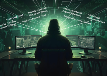 A man in a hoodie in front of multiple computers committing merchant fraud, representing how fraudsters commit the 7 common types of eCommerce fraud