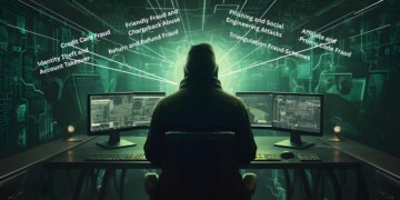 A man in a hoodie in front of multiple computers committing merchant fraud, representing how fraudsters commit the 7 common types of eCommerce fraud