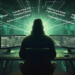 A man in a hoodie in front of multiple computers committing merchant fraud, representing how fraudsters commit the 7 common types of eCommerce fraud