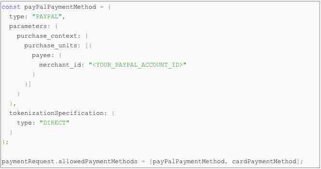 Code snippet required for eCommerce merchants to offer a PayPal payment method on Google Pay