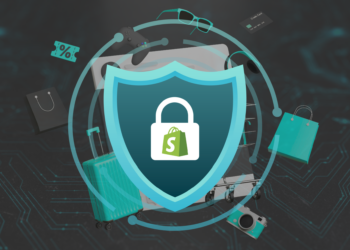 The header image for the blog post Shopify Dropshipping Fraud Prevention, containing a shield icon with a lock overlay that contains the logo of Shopify, set in a dark background with shopping icons