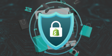 The header image for the blog post Shopify Dropshipping Fraud Prevention, containing a shield icon with a lock overlay that contains the logo of Shopify, set in a dark background with shopping icons