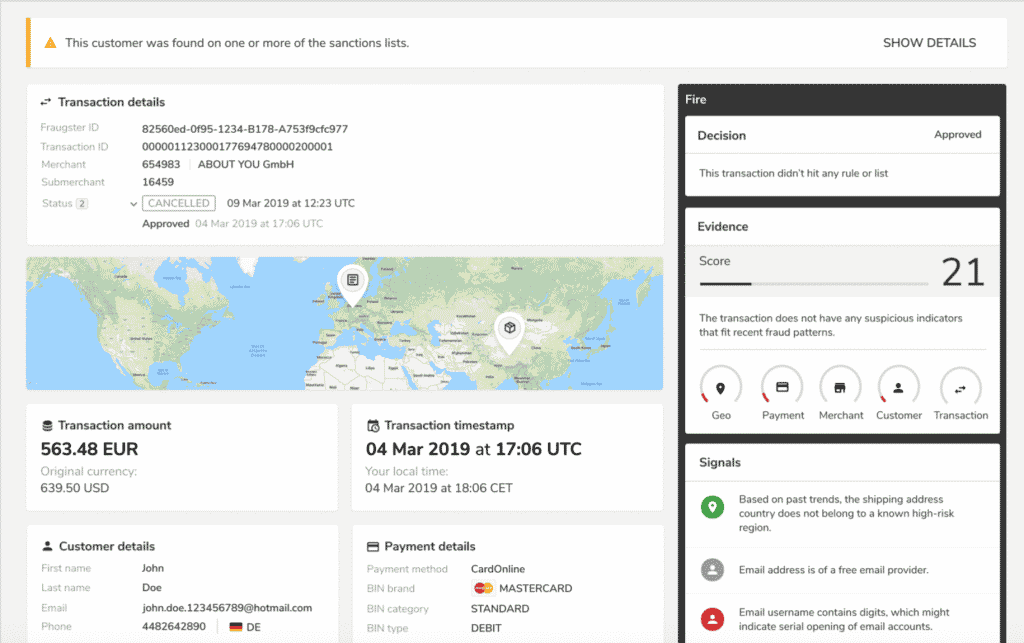 A screenshot of the Fraugster interface showing an anti-money laundering search