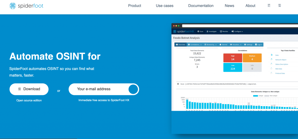 SpiderFoot osnit tool homepage
