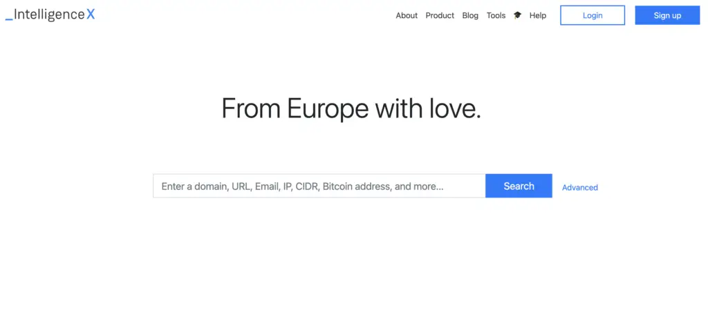 Homepage of Intelligence X displaying the minimalist tagline "From Europe with love" and a central search bar, highlighting one of the best OSINT tools for domain and email lookup.