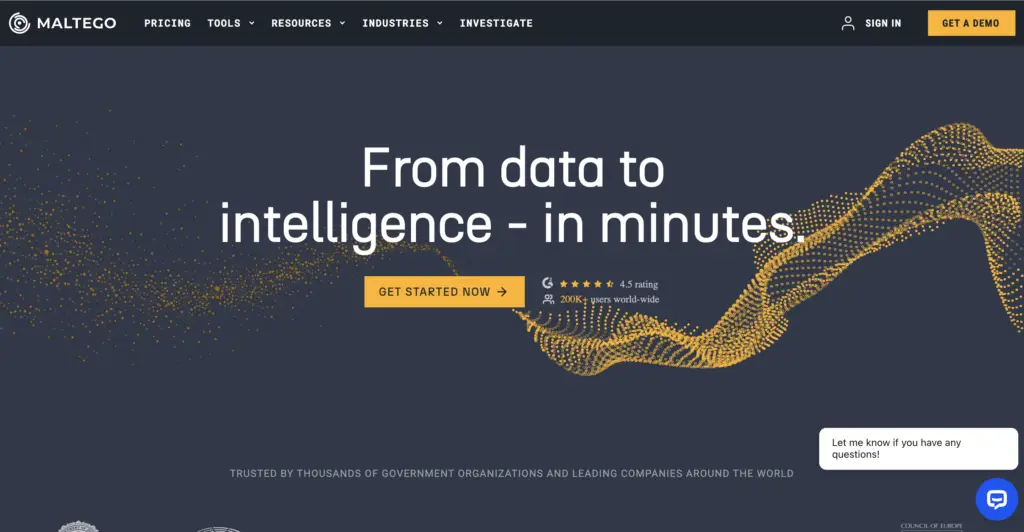 Dark-themed website interface of Maltego featuring the headline "From data to intelligence - in minutes", demonstrating one of the best OSINT tools for data visualization and threat analysis.