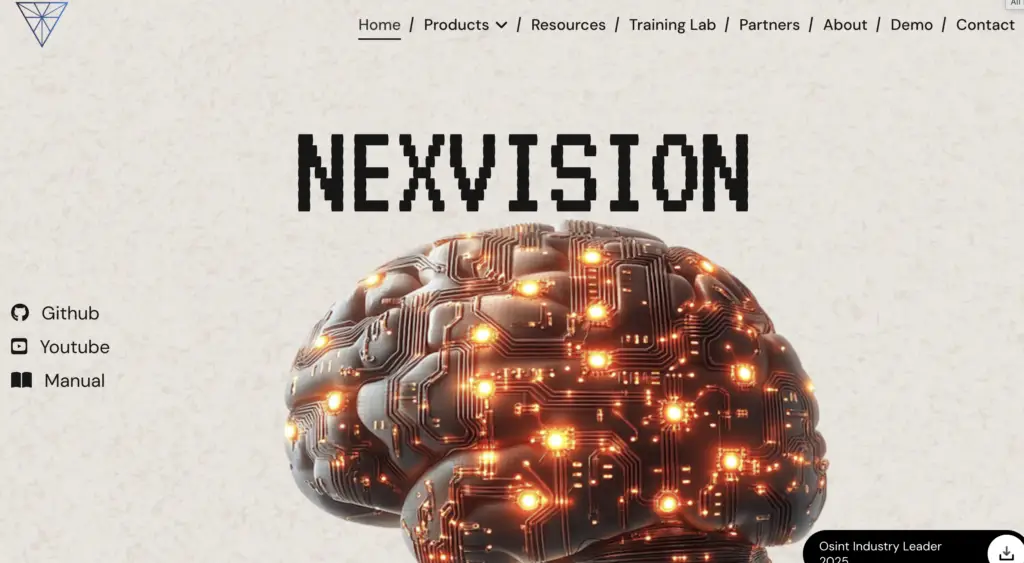 Homepage of NexVision showing a high-tech glowing circuit-board brain graphic above the logo, representing one of the best OSINT tools for AI-driven threat intelligence.