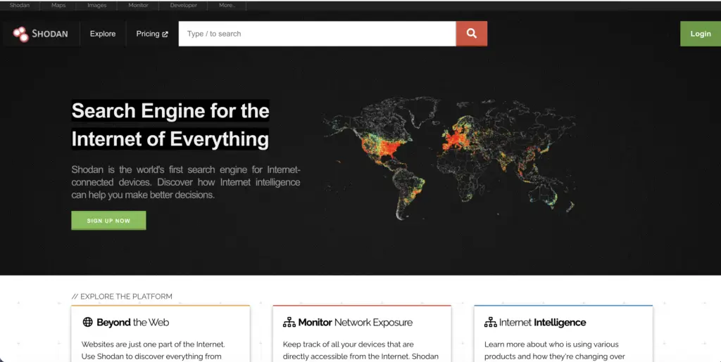 Shodan home page featuring a global heat map background with the heading "Search Engine for the Internet of Everything", representing one of the best OSINT tools for connected device discovery.