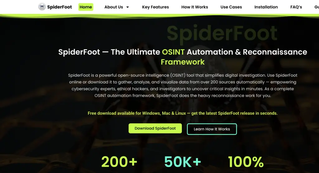SpiderFoot website landing page showcasing its spider-themed dark backdrop with the headline "The Ultimate OSINT Automation Framework", highlighted as one of the best OSINT tools.