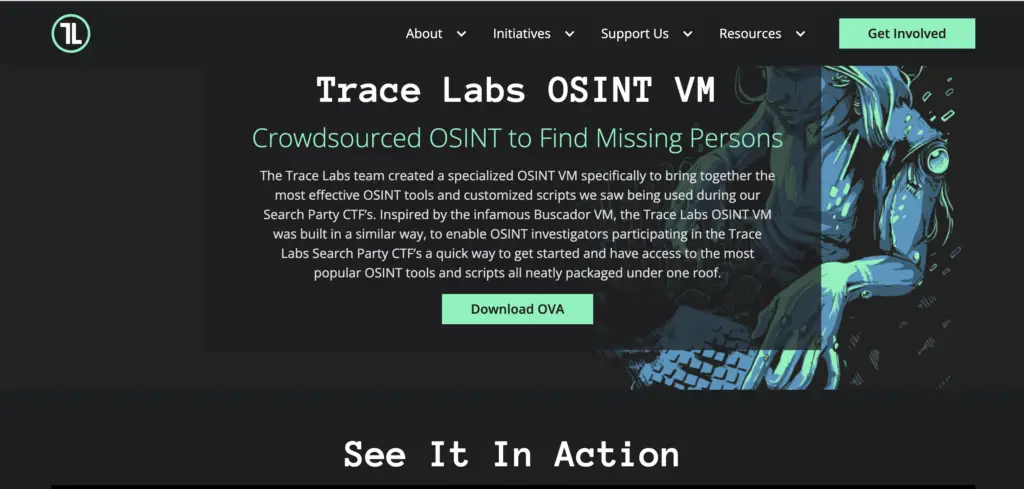 Trace Labs website banner promoting its OSINT Virtual Machine with graphic artwork and the headline "Crowdsourced OSINT to Find Missing Persons", highlighting one of the best OSINT tools for humanitarian investigations.