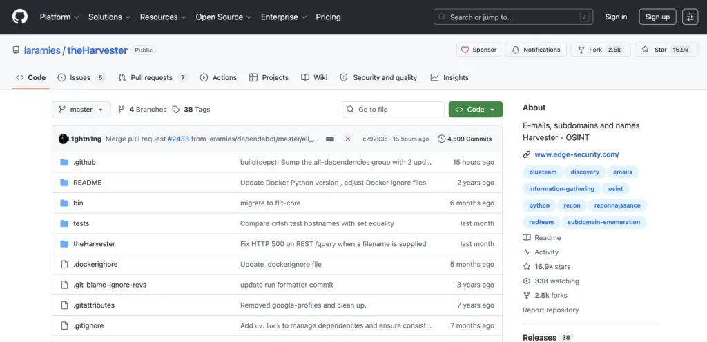 GitHub repository page for theHarvester displaying its project files and repository details, representing one of the best OSINT tools for passive reconnaissance and email harvesting.