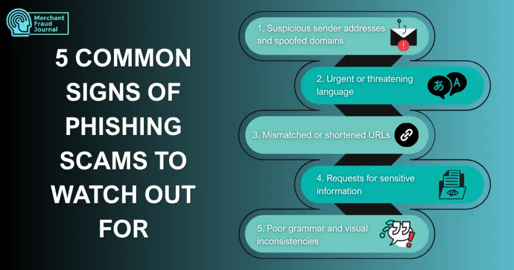 Infographic titled '5 Common Signs of Phishing Scams to Watch Out For' listing suspicious sender addresses and spoofed domains, urgent or threatening language, mismatched or shortened URLs, requests for sensitive information, and poor grammar and visual inconsistencies.