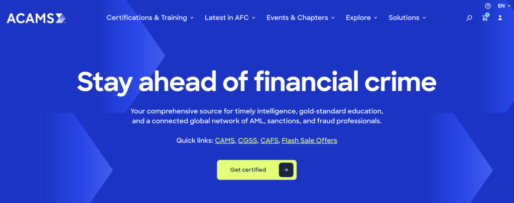 ACAMS website homepage featuring the slogan "Stay ahead of financial crime" and offering Fraud Prevention Training and Certifications, anti-money laundering education, and global networking for compliance professionals.