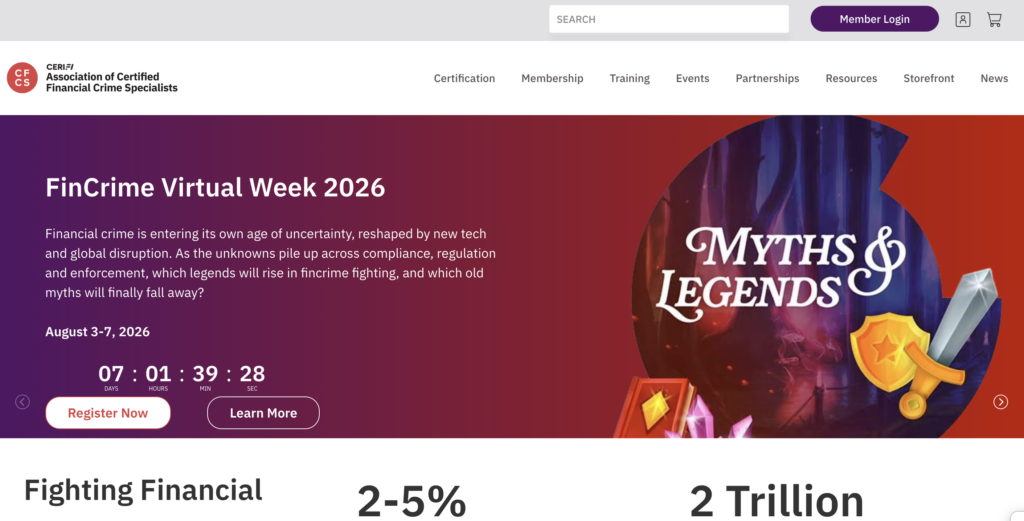 Association of Certified Financial Crime Specialists (ACFCS) website promotion for "FinCrime Virtual Week 2026," showcasing professional Fraud Prevention Training and Certifications for financial crime fighters.