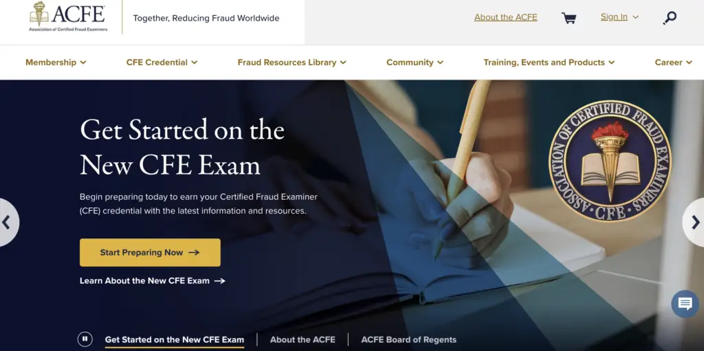 Official website banner for the Association of Certified Fraud Examiners (ACFE) promoting CFE Exam preparation for Fraud Prevention Training and Certifications.