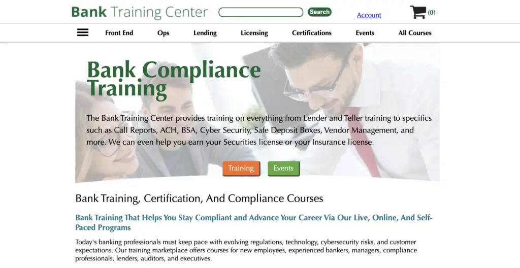 Bank Training Center homepage offering bank compliance programs, live and online courses, and Fraud Prevention Training and Certifications for banking professionals.