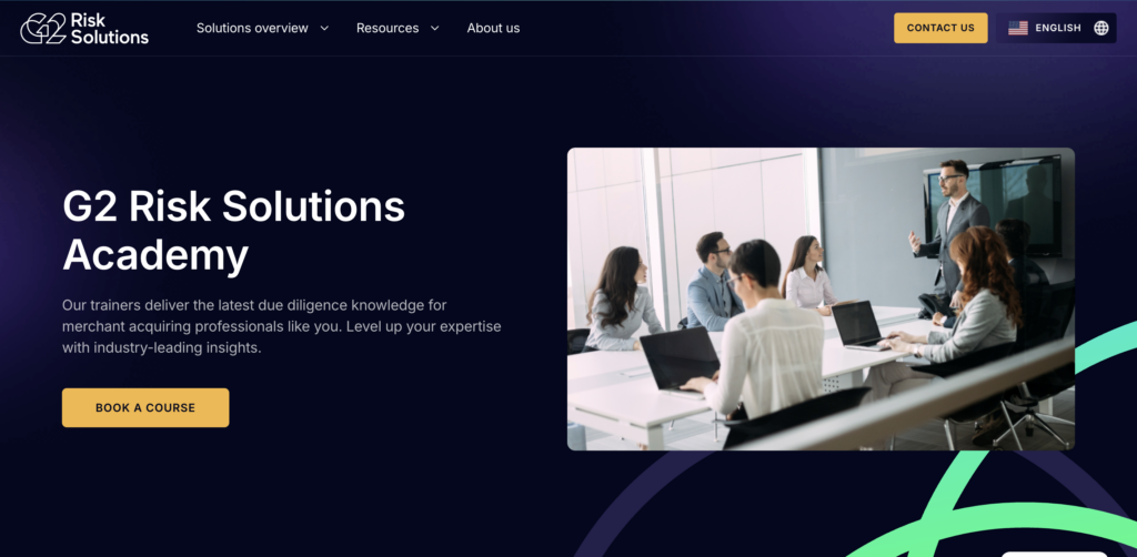 G2 Risk Solutions Academy website showcasing a team training session for merchant acquiring professionals seeking Fraud Prevention Training and Certifications and due diligence expertise.