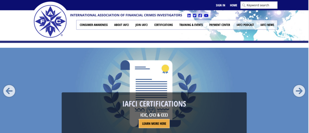 International Association of Financial Crimes Investigators (IAFCI) homepage highlighting professional certifications like ICIC, CFCI, and CCCI as part of their Fraud Prevention Training and Certifications programs.
