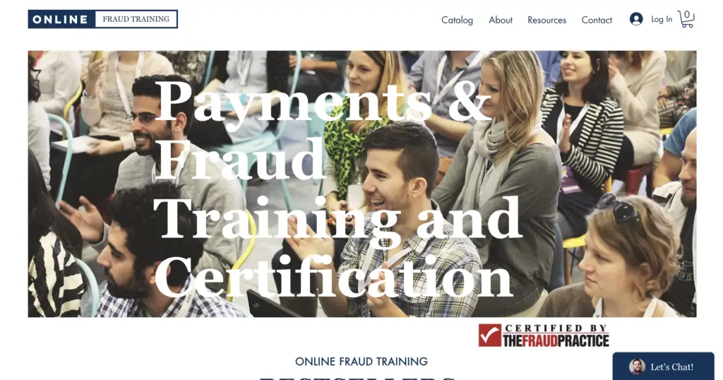 Online Fraud Training homepage banner showing a room of attentive professionals with large overlay text reading "Payments & Fraud Training and Certification," certified by The Fraud Practice for Fraud Prevention Training and Certifications.