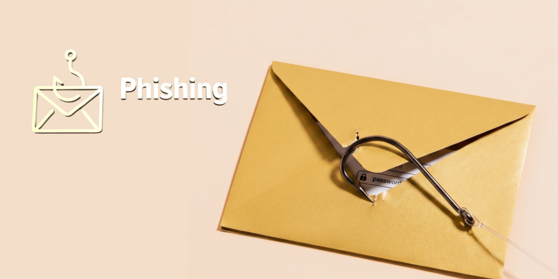 A gold envelope with a fishing hook piercing through it, pulling out a slip of paper labeled "password," alongside a phishing icon of an envelope with a hook and the word "Phishing."
