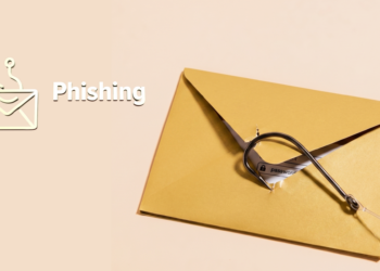 A gold envelope with a fishing hook piercing through it, pulling out a slip of paper labeled "password," alongside a phishing icon of an envelope with a hook and the word "Phishing."
