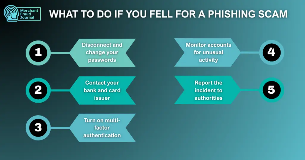 Infographic titled 'What to Do If You Fell for a Phishing Scam' showing five numbered steps: disconnect and change your passwords, contact your bank and card issuer, turn on multi-factor authentication, monitor accounts for unusual activity, and report the incident to authorities.