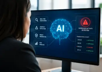 Analyst viewing an agentic AI fraud prevention dashboard with real-time monitoring, anomaly detection, and risk analysis panels, a suspicious activity alert, and a transaction list showing one flagged $320 payment.