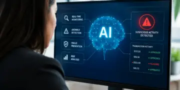 Analyst viewing an agentic AI fraud prevention dashboard with real-time monitoring, anomaly detection, and risk analysis panels, a suspicious activity alert, and a transaction list showing one flagged $320 payment.