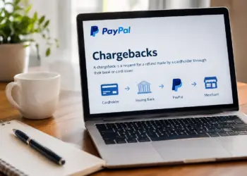 A laptop on a wooden desk displays a webpage titled "PayPal Chargebacks," explaining that a chargeback is a refund request made by a cardholder through their bank or card issuer, with a flow diagram showing the process moving from Cardholder to Issuing Bank to PayPal to Merchant. A coffee mug, potted plant, notebook, and pen sit nearby on the desk.