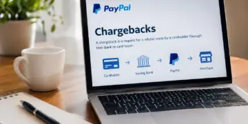 A laptop on a wooden desk displays a webpage titled "PayPal Chargebacks," explaining that a chargeback is a refund request made by a cardholder through their bank or card issuer, with a flow diagram showing the process moving from Cardholder to Issuing Bank to PayPal to Merchant. A coffee mug, potted plant, notebook, and pen sit nearby on the desk.