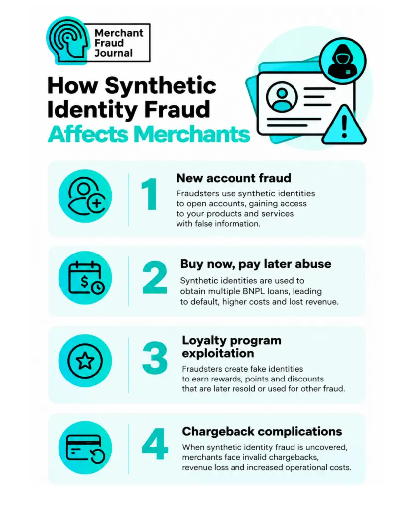 Merchant Fraud Journal infographic titled "How Synthetic Identity Fraud Affects Merchants," with an icon of an ID card, a hooded figure, and a warning triangle. Four numbered items: 1) New account fraud — fraudsters use synthetic identities to open accounts with false information, 2) Buy now, pay later abuse — synthetic identities obtain multiple BNPL loans leading to default and lost revenue, 3) Loyalty program exploitation — fake identities earn rewards and points later resold or used for fraud, 4) Chargeback complications — uncovering the fraud leaves merchants facing invalid chargebacks and increased costs.
