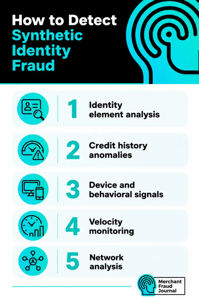 Merchant Fraud Journal infographic titled "How to Detect Synthetic Identity Fraud," listing five detection methods with icons: 1) Identity element analysis, 2) Credit history anomalies, 3) Device and behavioral signals, 4) Velocity monitoring, 5) Network analysis.
