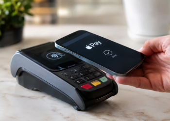 A hand holds a smartphone over a contactless payment terminal on a marble counter. The phone screen shows the Apple Pay logo with a checkmark and the word "Done."