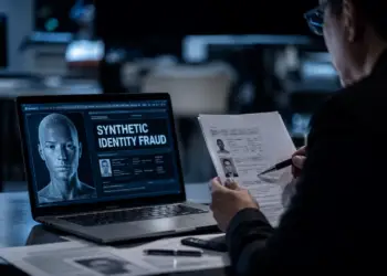 A person in a dark room reviews printed ID documents while looking at a laptop screen displaying a 3D wireframe face model under the heading "Synthetic Identity Fraud," illustrating fraud investigation or identity verification analysis.