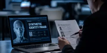 A person in a dark room reviews printed ID documents while looking at a laptop screen displaying a 3D wireframe face model under the heading "Synthetic Identity Fraud," illustrating fraud investigation or identity verification analysis.