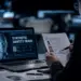 A person in a dark room reviews printed ID documents while looking at a laptop screen displaying a 3D wireframe face model under the heading "Synthetic Identity Fraud," illustrating fraud investigation or identity verification analysis.
