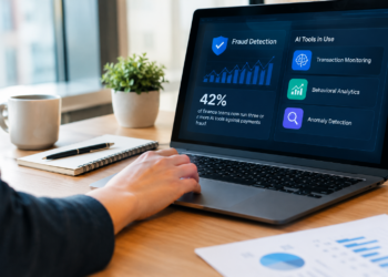 A professional workspace with a laptop displaying an AI-powered payment fraud detection dashboard, highlighting the statistic that 42% of finance teams use three or more AI tools to combat payment fraud, including transaction monitoring, behavioral analytics, and anomaly detection.