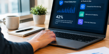 A professional workspace with a laptop displaying an AI-powered payment fraud detection dashboard, highlighting the statistic that 42% of finance teams use three or more AI tools to combat payment fraud, including transaction monitoring, behavioral analytics, and anomaly detection.