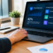 A professional workspace with a laptop displaying an AI-powered payment fraud detection dashboard, highlighting the statistic that 42% of finance teams use three or more AI tools to combat payment fraud, including transaction monitoring, behavioral analytics, and anomaly detection.