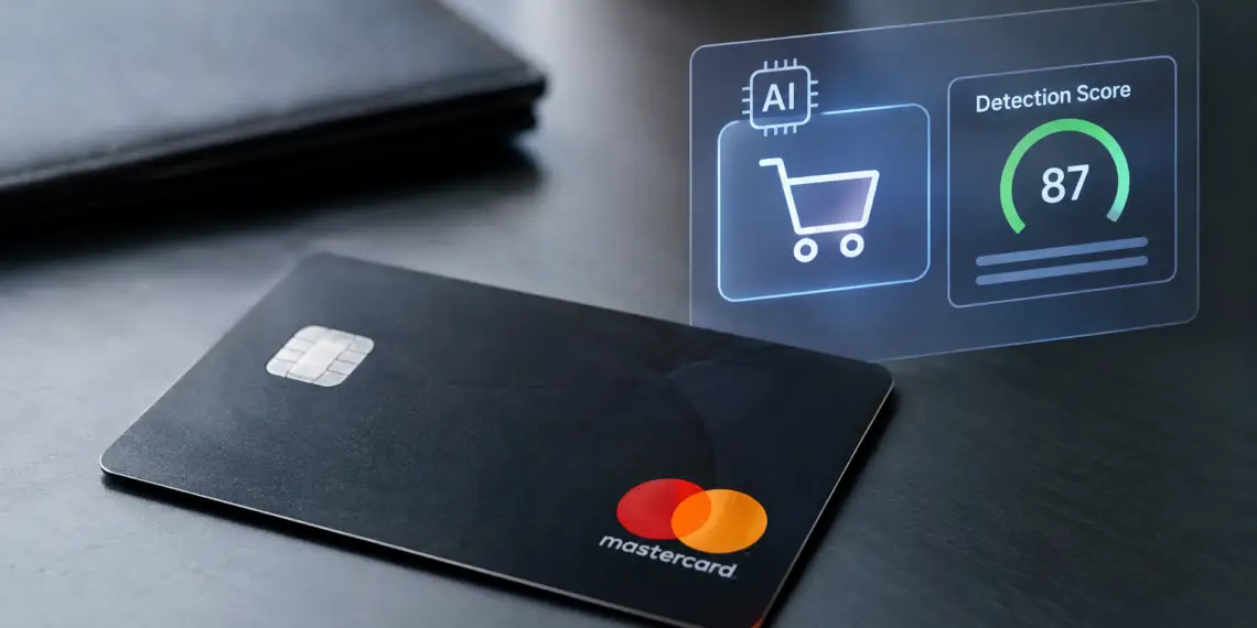 Stock photo of a black Mastercard on a dark desk beside a holographic display showing an “AI” icon, a shopping cart icon, and a “Detection Score” gauge reading 87, illustrating AI-powered fraud detection in card transactions.
