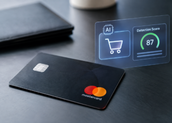 Stock photo of a black Mastercard on a dark desk beside a holographic display showing an “AI” icon, a shopping cart icon, and a “Detection Score” gauge reading 87, illustrating AI-powered fraud detection in card transactions.