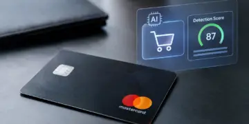 Stock photo of a black Mastercard on a dark desk beside a holographic display showing an “AI” icon, a shopping cart icon, and a “Detection Score” gauge reading 87, illustrating AI-powered fraud detection in card transactions.