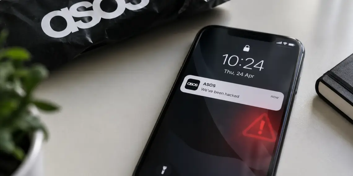 Stock photo of a smartphone lock screen showing a notification reading “ASOS: We’ve been hacked” with a red warning triangle icon, resting beside a black ASOS shopping bag and a notebook, illustrating a data breach notification.