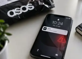 Stock photo of a smartphone lock screen showing a notification reading “ASOS: We’ve been hacked” with a red warning triangle icon, resting beside a black ASOS shopping bag and a notebook, illustrating a data breach notification.