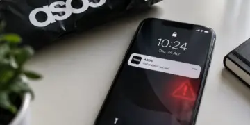 Stock photo of a smartphone lock screen showing a notification reading “ASOS: We’ve been hacked” with a red warning triangle icon, resting beside a black ASOS shopping bag and a notebook, illustrating a data breach notification.