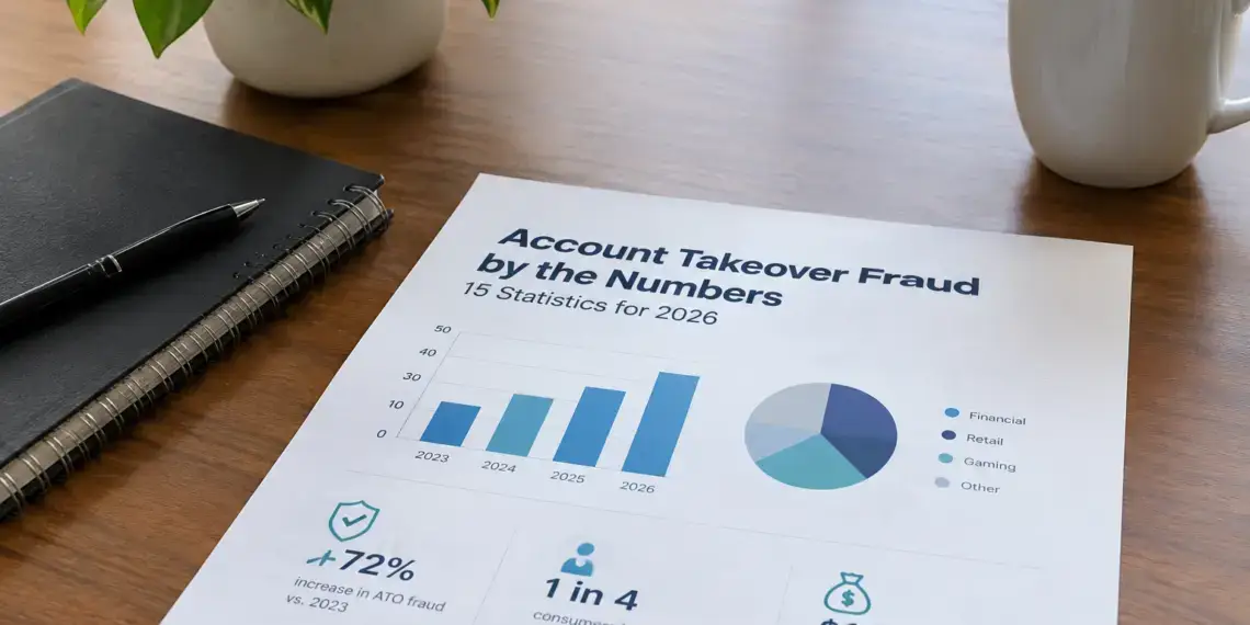 Stock photo of a printed report titled “Account Takeover Fraud by the Numbers: 15 Statistics for 2026” on a desk, showing a bar chart of rising fraud from 2023–2026, a pie chart broken down by Financial, Retail, Gaming, and Other sectors, and stats including a 72% increase in ATO fraud, 1 in 4 consumers targeted, and $12.5B in estimated global losses, beside a notebook, pen, coffee mug, and plant.