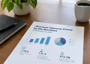 Stock photo of a printed report titled “Account Takeover Fraud by the Numbers: 15 Statistics for 2026” on a desk, showing a bar chart of rising fraud from 2023–2026, a pie chart broken down by Financial, Retail, Gaming, and Other sectors, and stats including a 72% increase in ATO fraud, 1 in 4 consumers targeted, and $12.5B in estimated global losses, beside a notebook, pen, coffee mug, and plant.