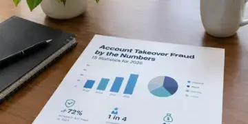 Stock photo of a printed report titled “Account Takeover Fraud by the Numbers: 15 Statistics for 2026” on a desk, showing a bar chart of rising fraud from 2023–2026, a pie chart broken down by Financial, Retail, Gaming, and Other sectors, and stats including a 72% increase in ATO fraud, 1 in 4 consumers targeted, and $12.5B in estimated global losses, beside a notebook, pen, coffee mug, and plant.
