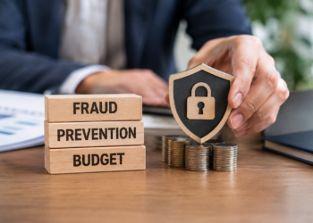 Wooden blocks reading 'Fraud Prevention Budget' next to a hand placing a padlock shield on stacks of coins.