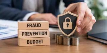 Wooden blocks reading 'Fraud Prevention Budget' next to a hand placing a padlock shield on stacks of coins.